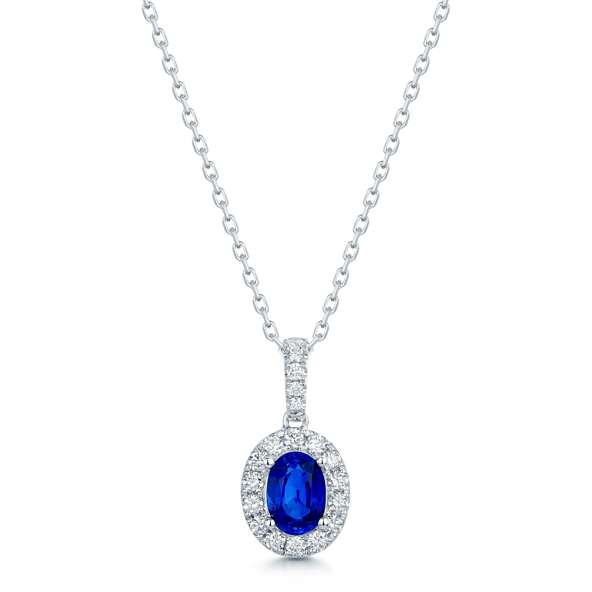 18ct White Gold Oval Cut Sapphire And Diamond Cluster Pendant