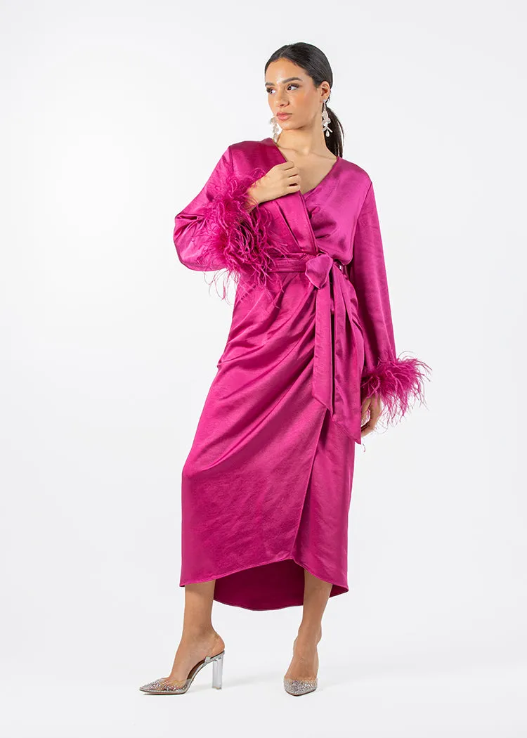 2306210-Asymetrical Long Sleeves Dress With Feathered Cuff