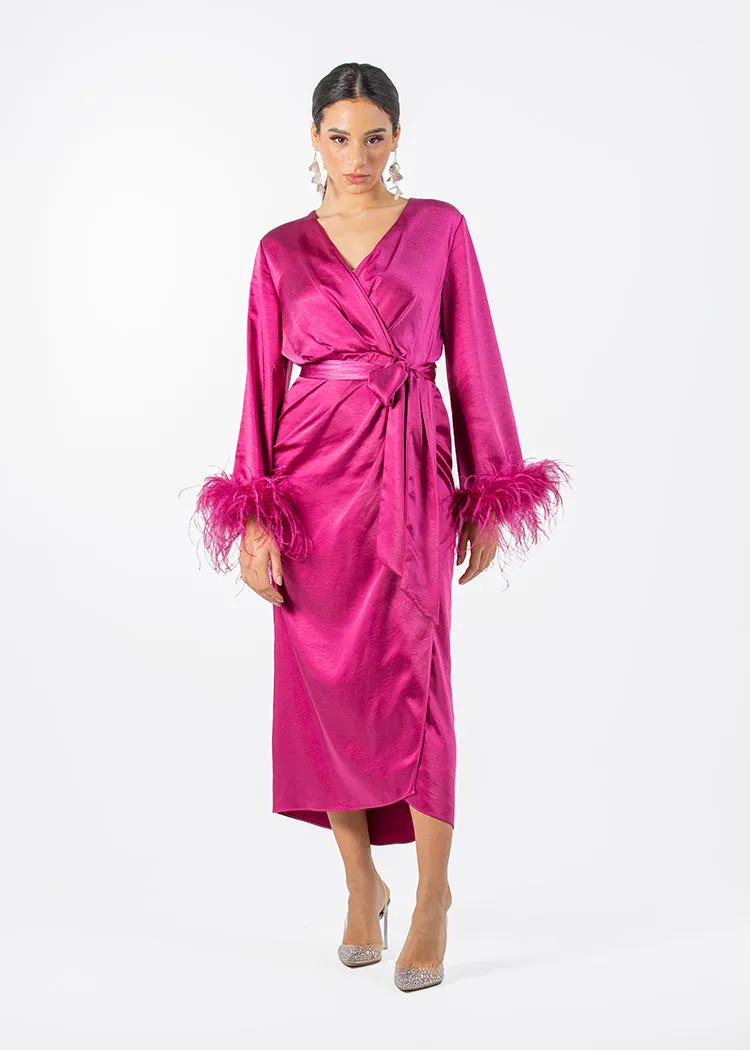 2306210-Asymetrical Long Sleeves Dress With Feathered Cuff