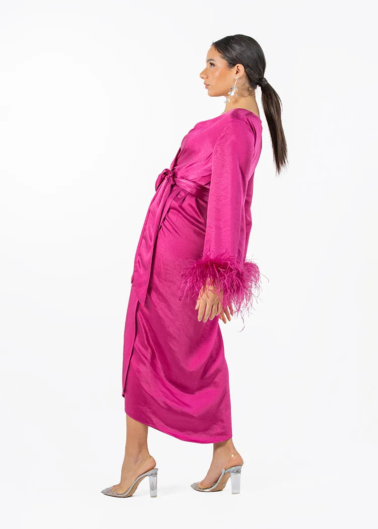 2306210-Asymetrical Long Sleeves Dress With Feathered Cuff