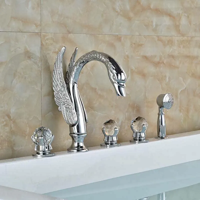 5 Holes Swan Sink Faucet With Dual Handle and Handle Shower Head