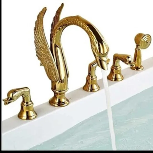 5 Holes Swan Sink Faucet With Dual Handle and Handle Shower Head