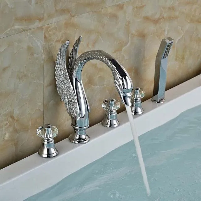 5 Holes Swan Sink Faucet With Dual Handle and Handle Shower Head