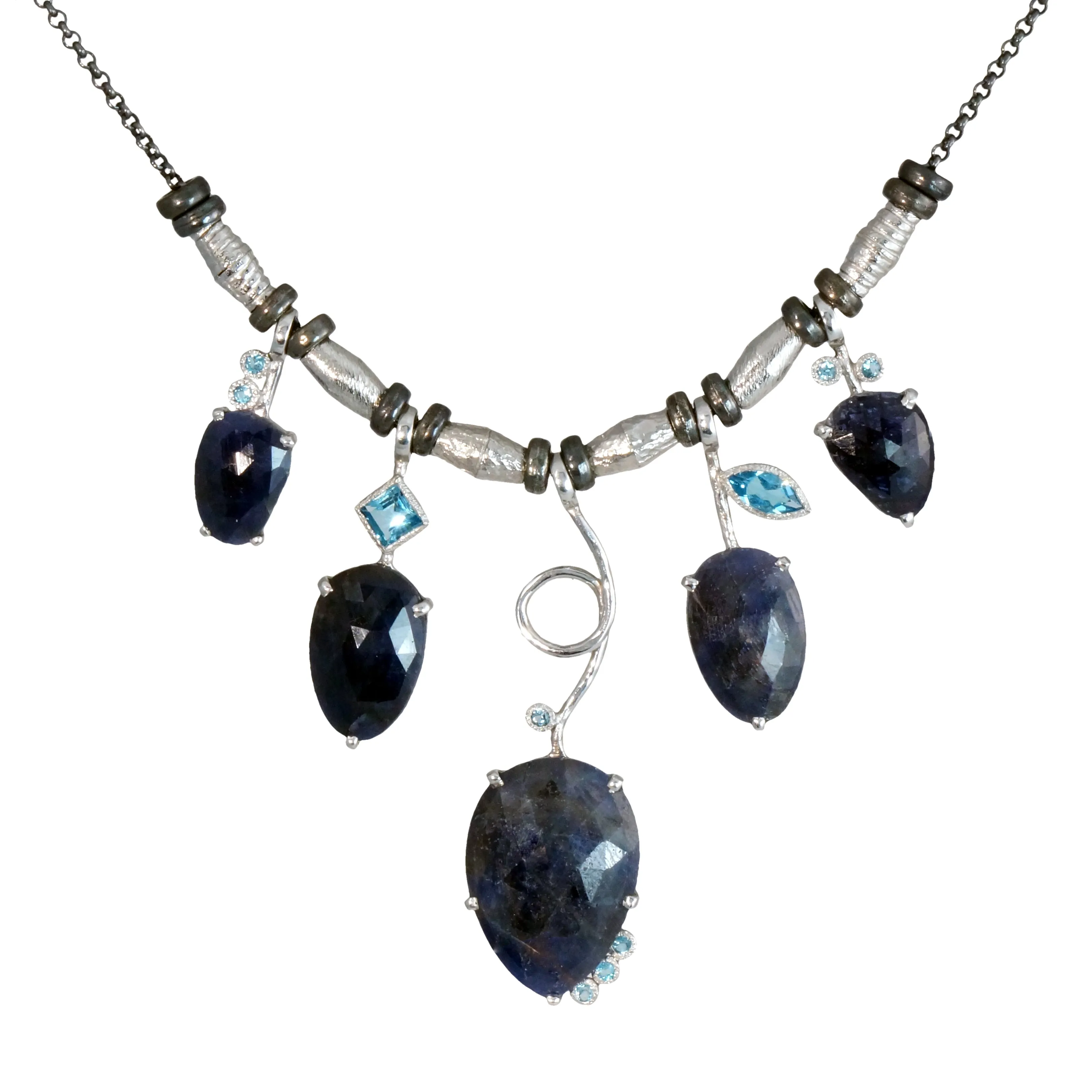 5 Stick Rose Cut Sapphire Necklace With Blue Topaz