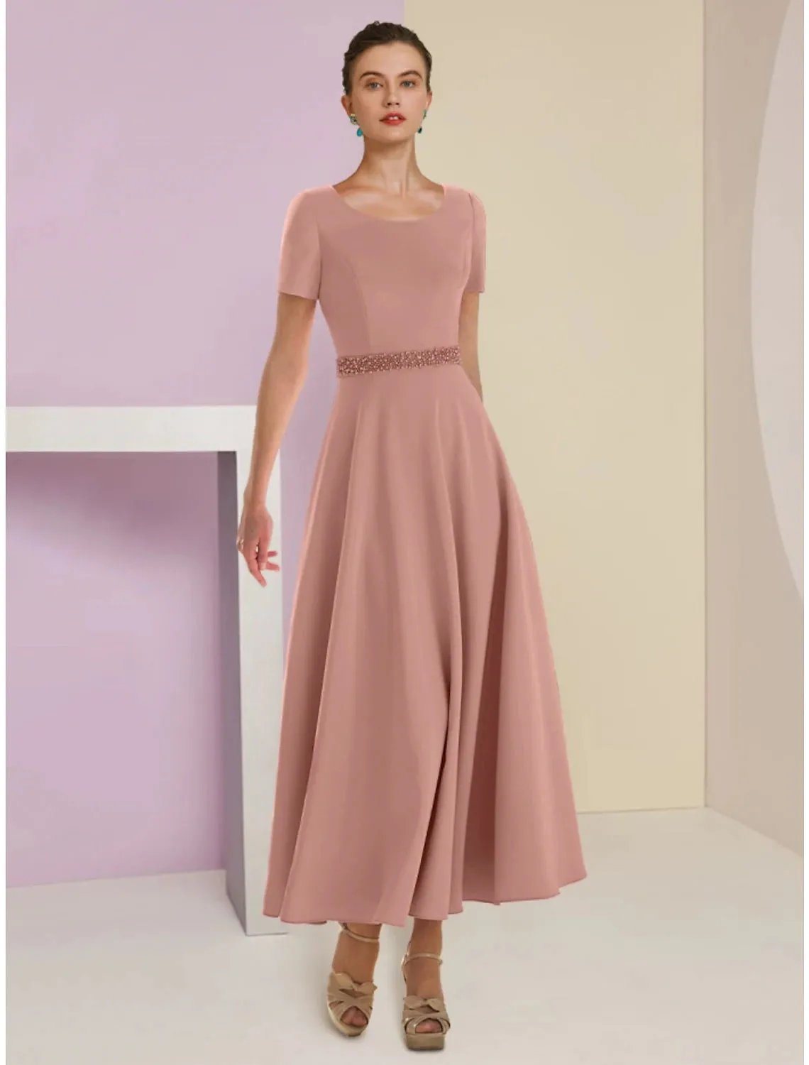 A-Line Mother of the Bride Dress Wedding Guest Elegant Scoop Neck Ankle Length Satin 3/4 Length Sleeve with Feather Bow(s) Beading