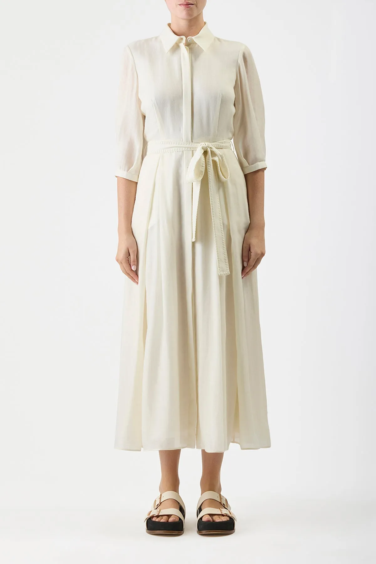 Andy Pleated Shirtdress in Ivory Virgin Wool Cashmere