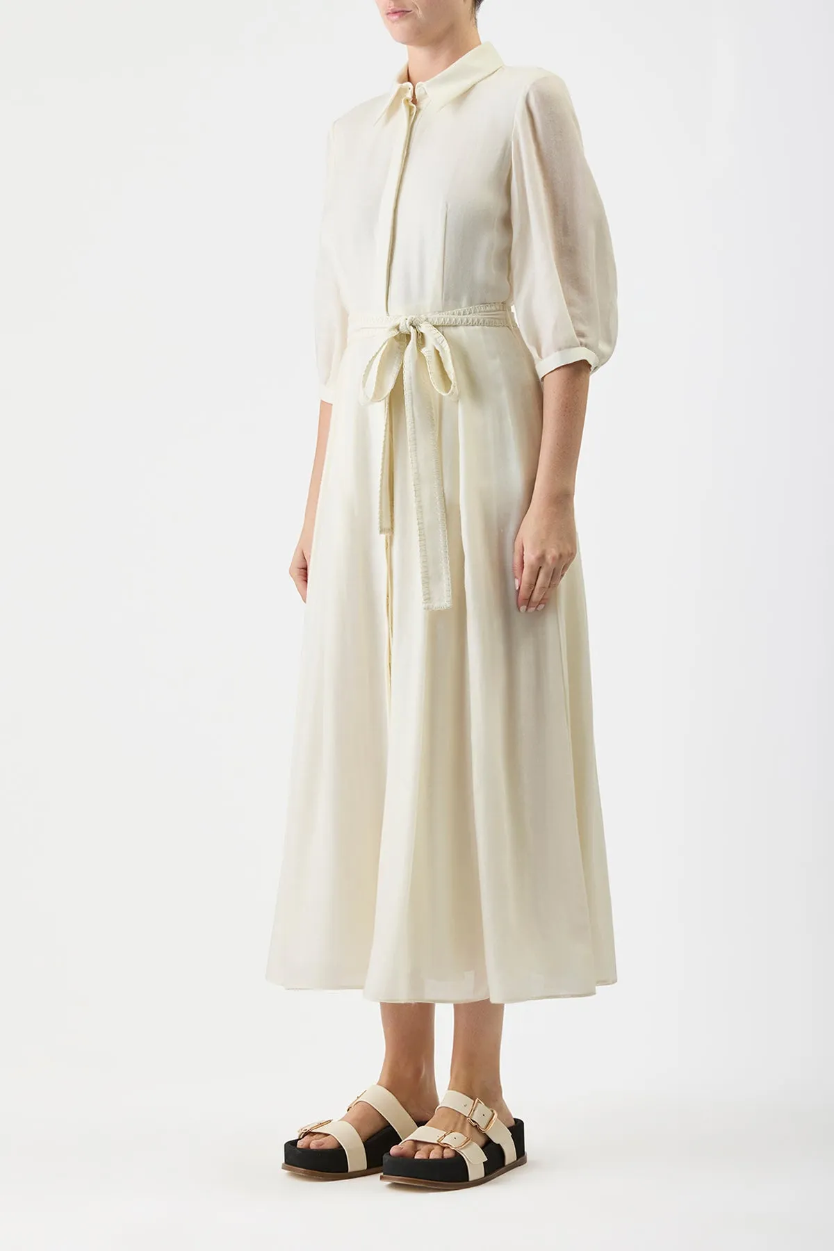 Andy Pleated Shirtdress in Ivory Virgin Wool Cashmere