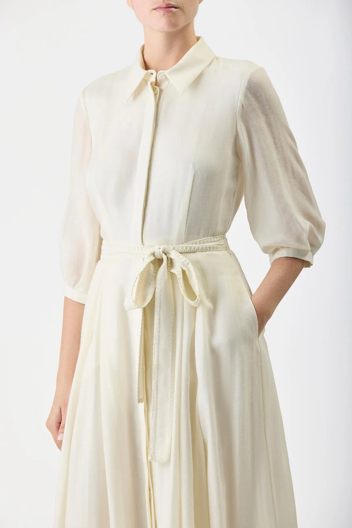 Andy Pleated Shirtdress in Ivory Virgin Wool Cashmere