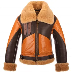 B3 RAF Brown Sheepskin Bomber Shearling Two Tone Leather Jacket