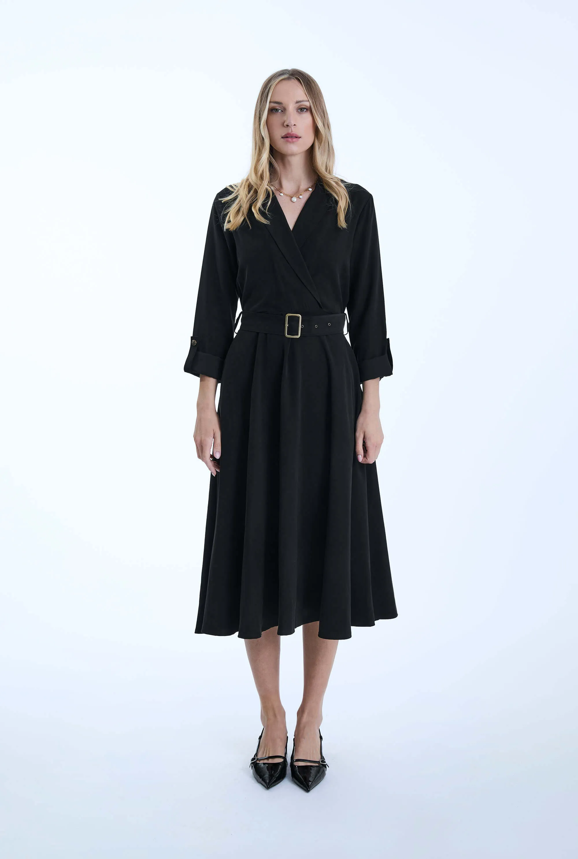 Belted Black Suit Midi Dress