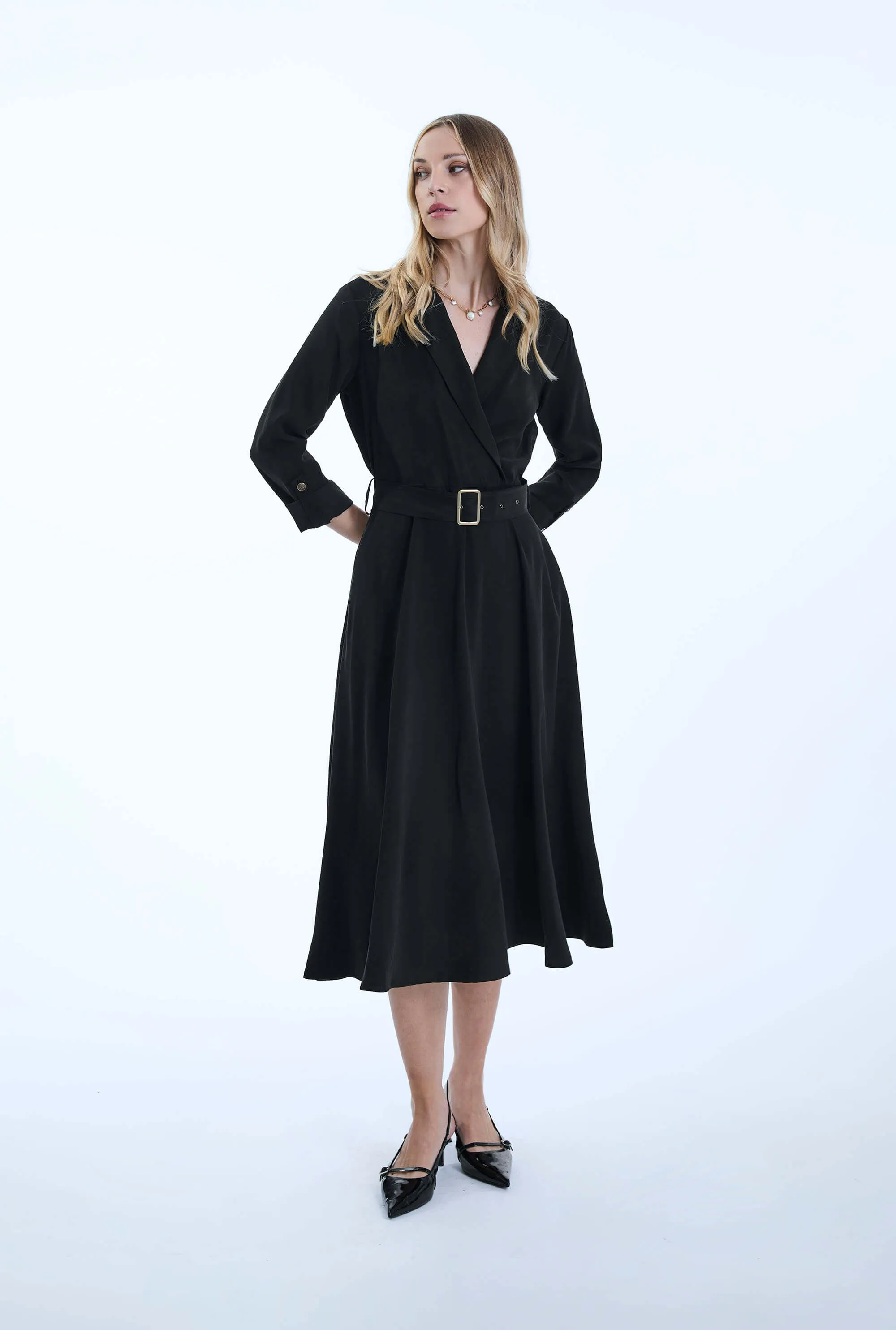 Belted Black Suit Midi Dress