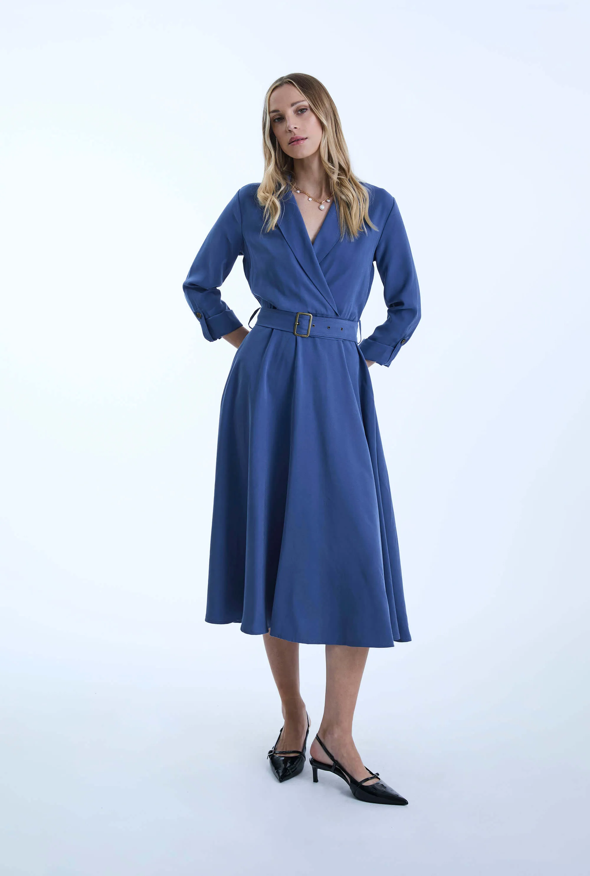 Belted Denim Suit Midi Dress