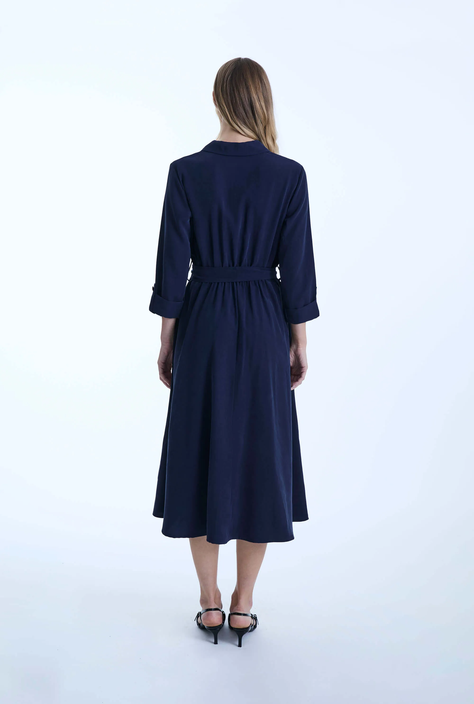 Belted Navy Suit Midi Dress