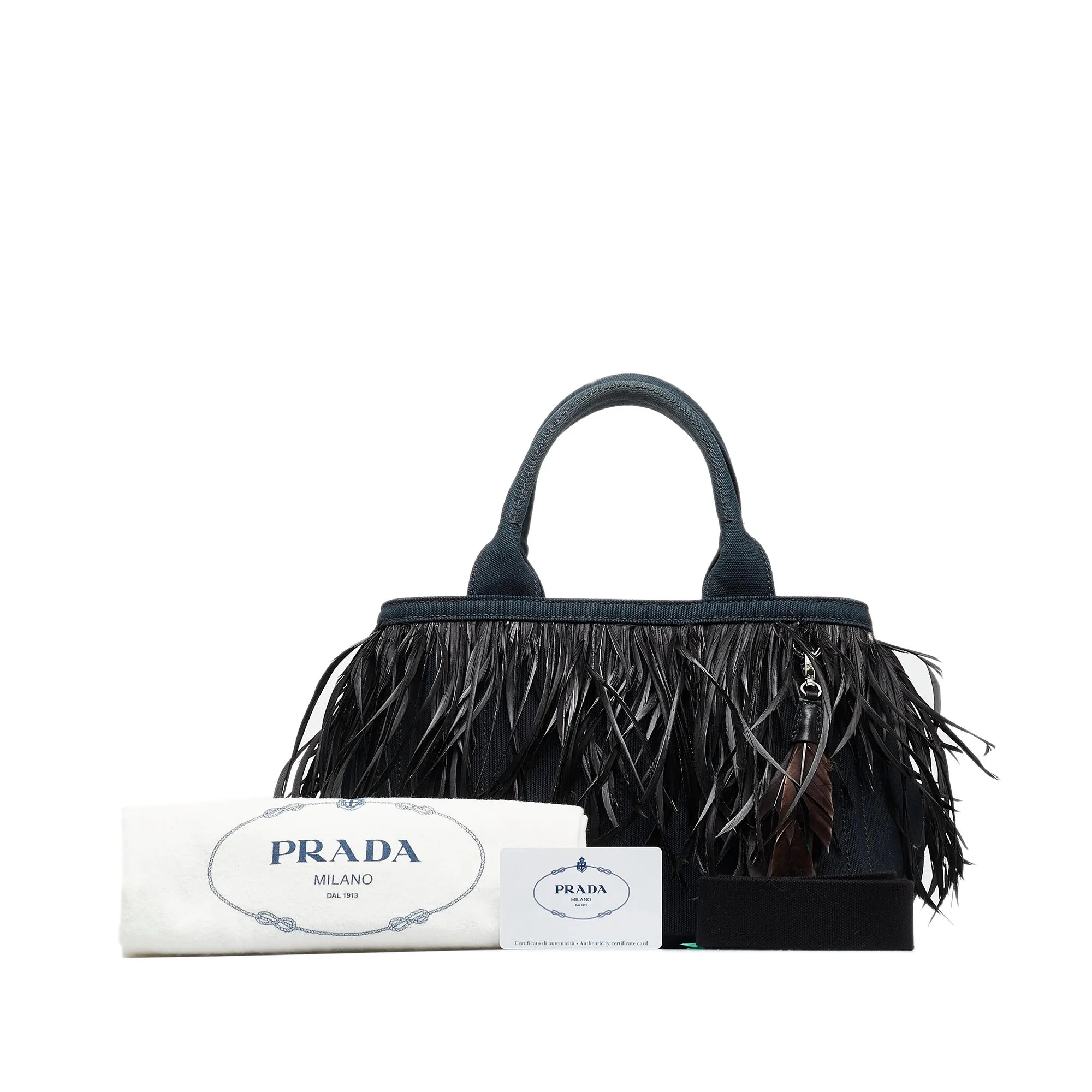 Black Prada Mini Canapa Convertible Canvas and Feather Tote Satchel