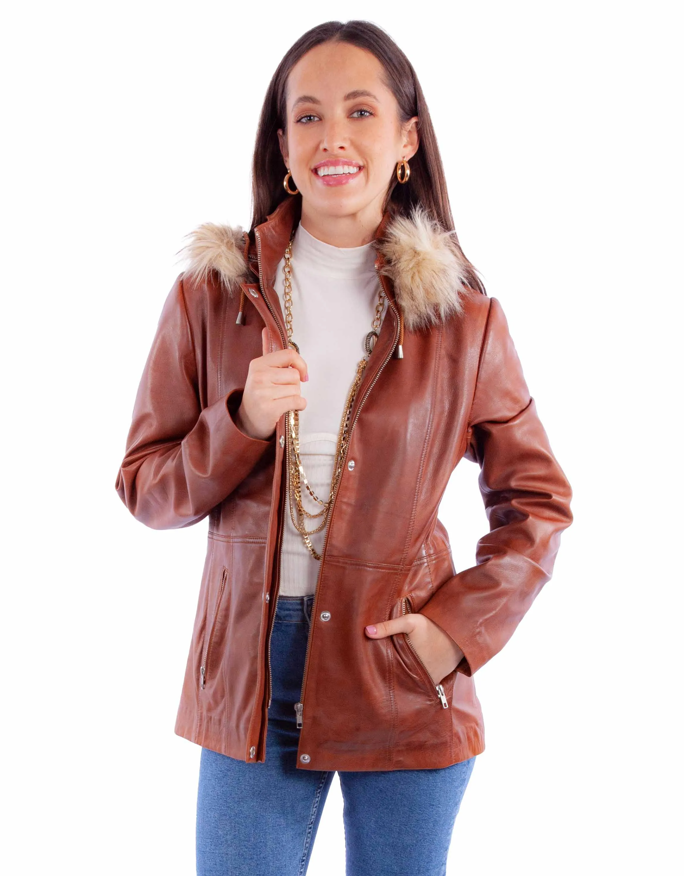 Brown Leather Jacket with Faux Fur Hood at Bourbon Cowgirl