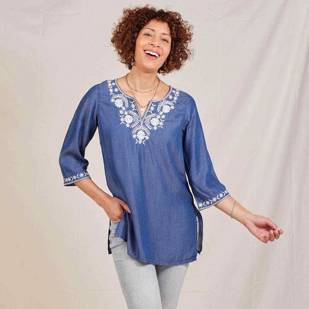 Chambray Top with Floral Embroidered Neckline