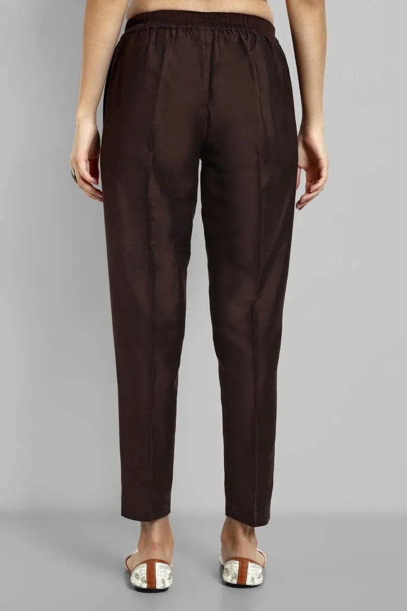 Choclate Brown Straight Cotton Silk Pant with Pockets