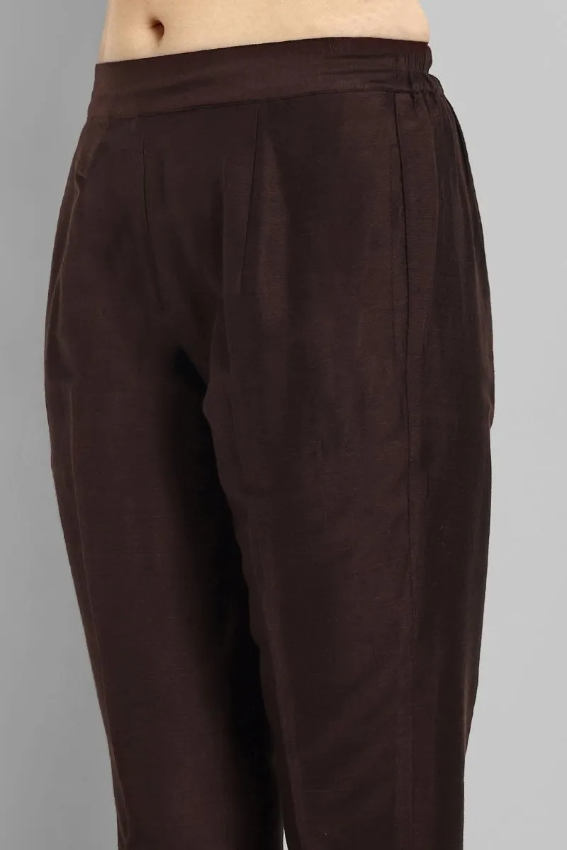 Choclate Brown Straight Cotton Silk Pant with Pockets