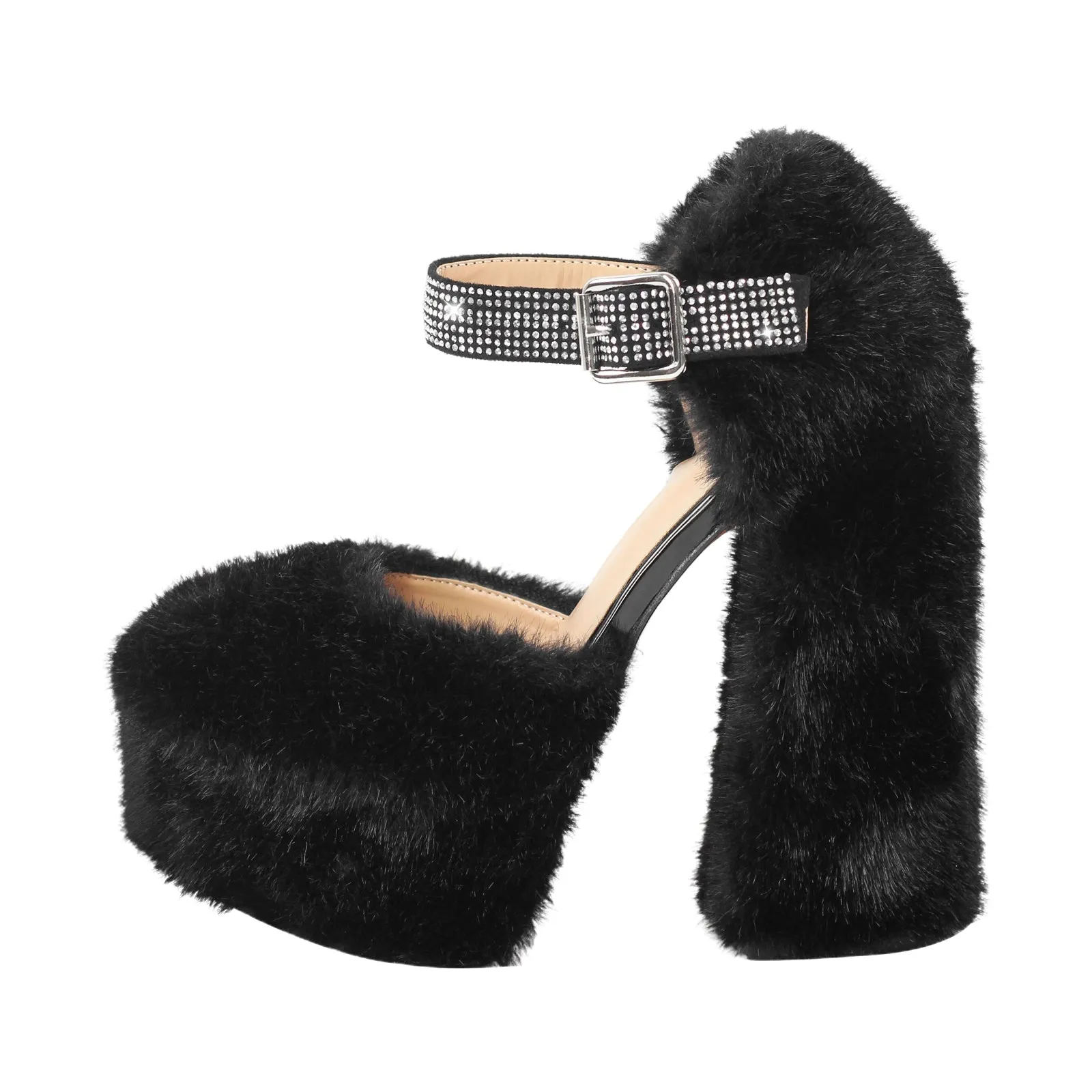 Chunky Heel Ankle Strap Fur Mary Jane Pumps