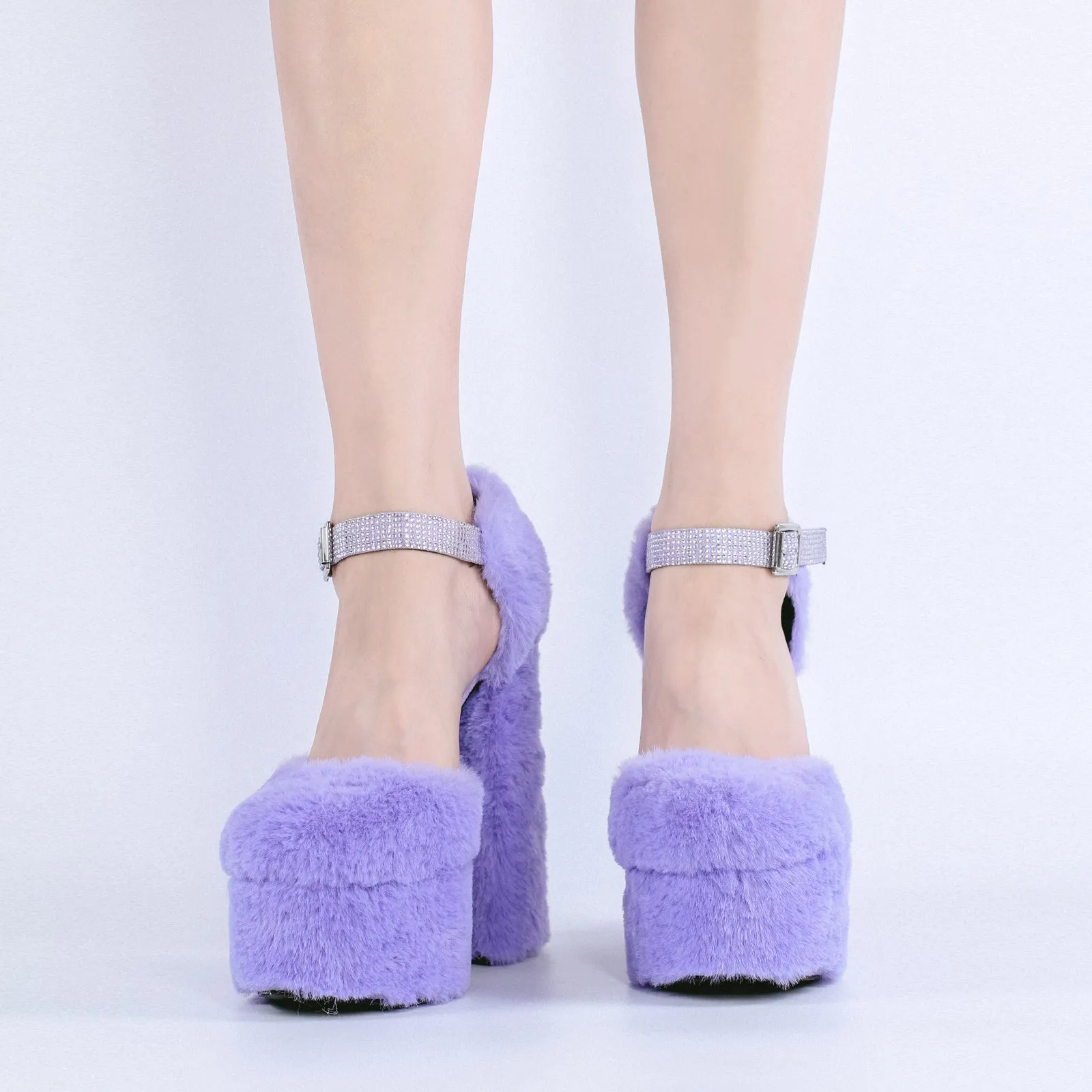 Chunky Heel Ankle Strap Fur Mary Jane Pumps