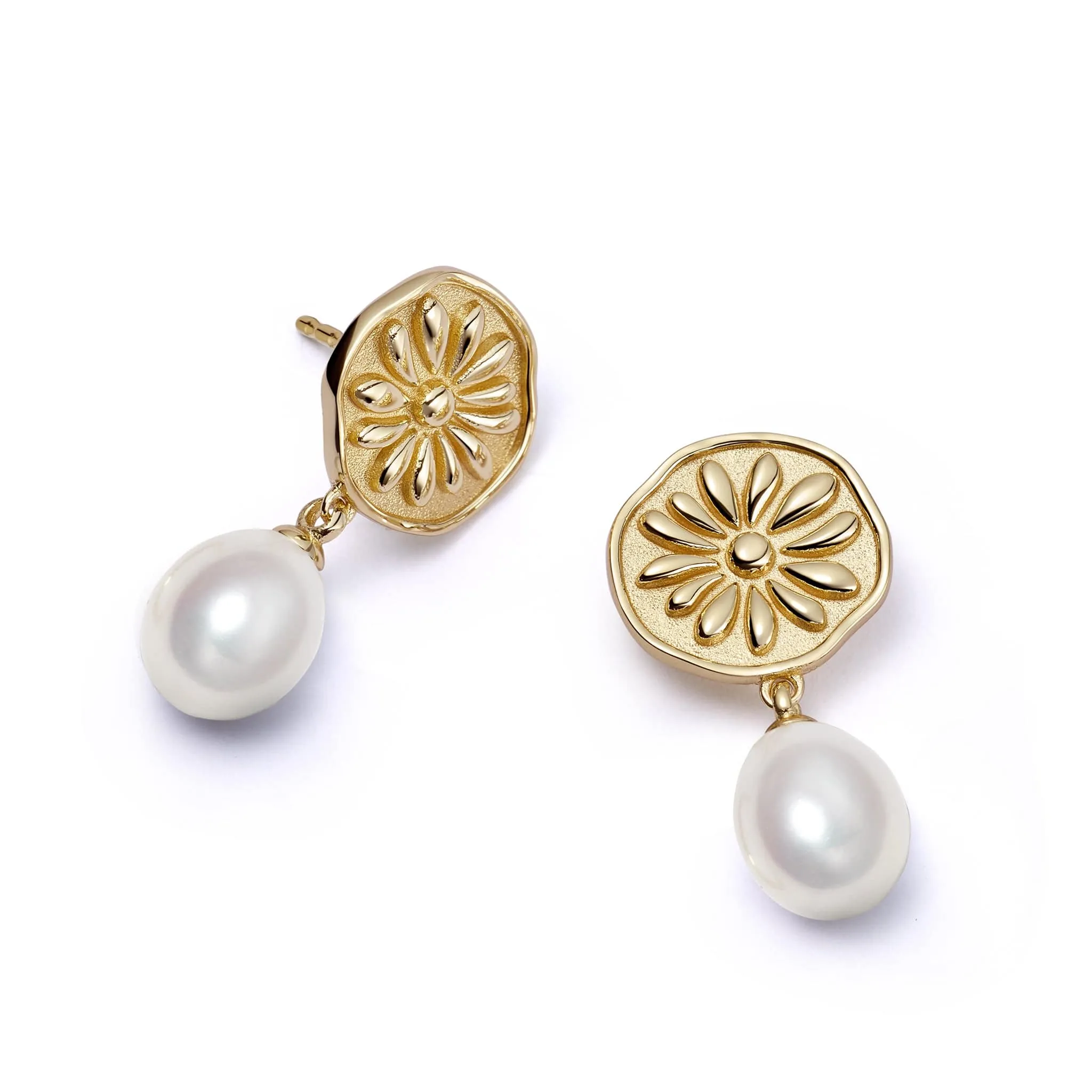 Daisy Pearl Drop Earrings 18ct Gold Plate