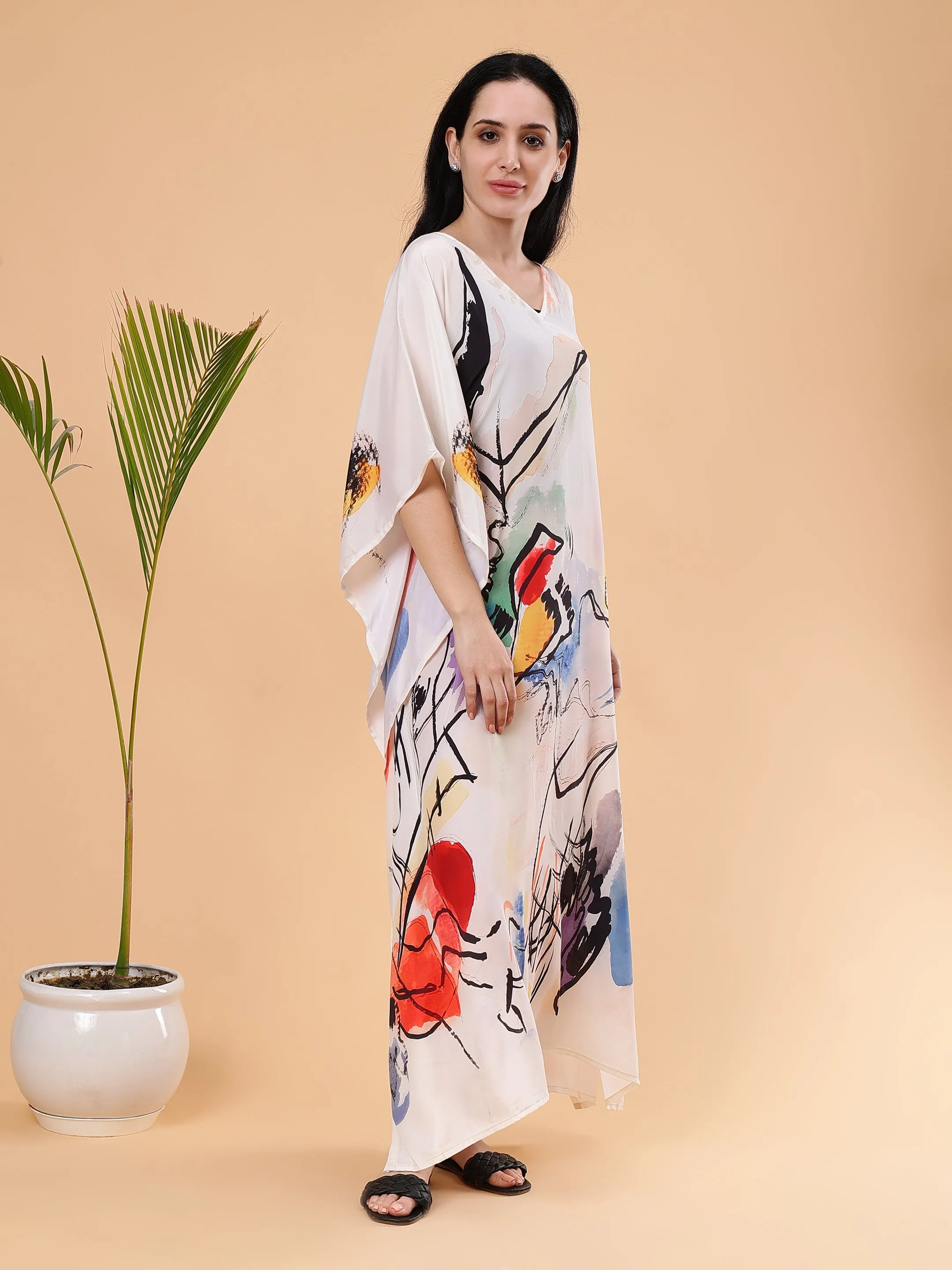 Digital Printed Feather silk Fabric Kaftan Midi Dress