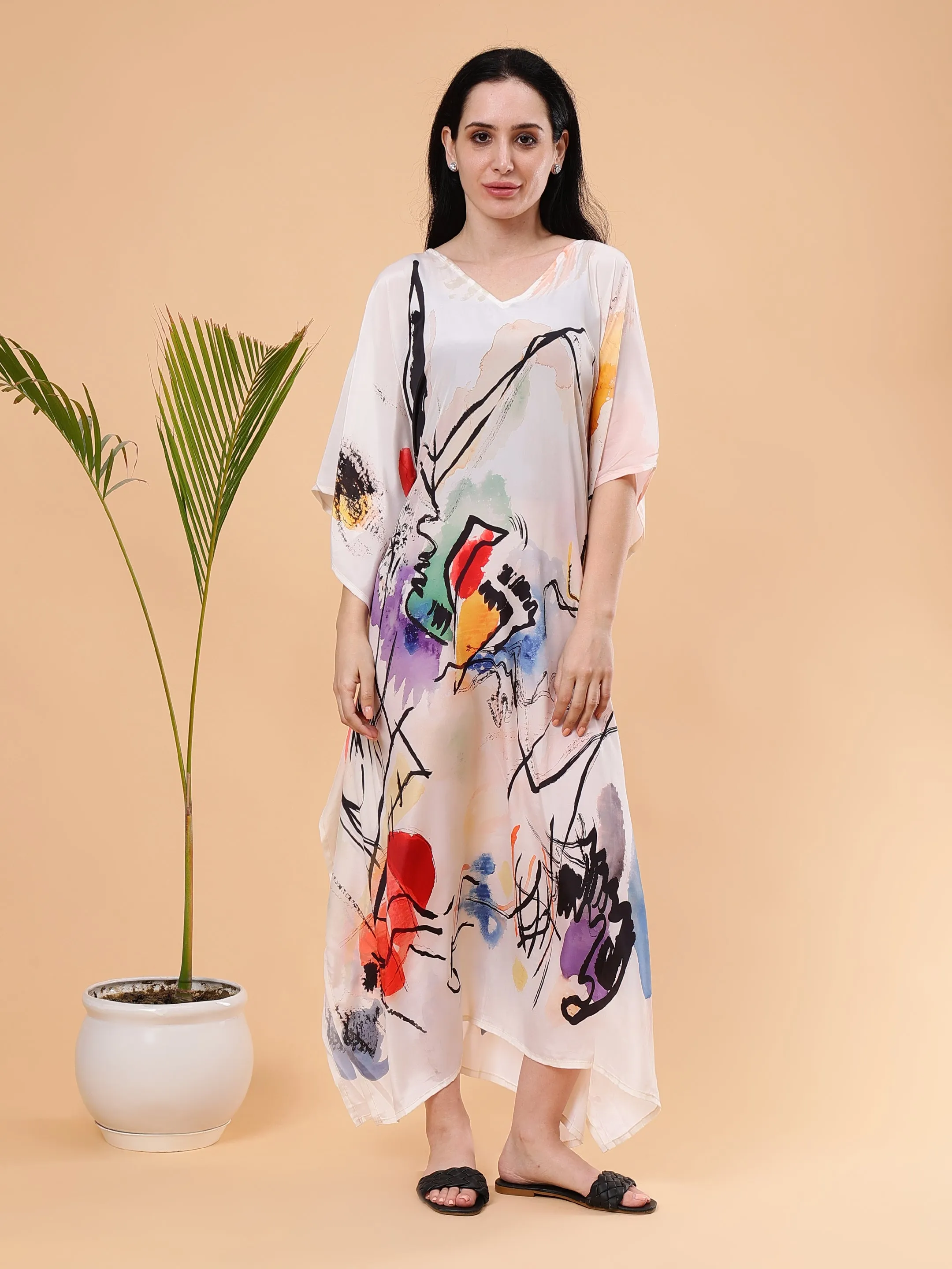 Digital Printed Feather silk Fabric Kaftan Midi Dress