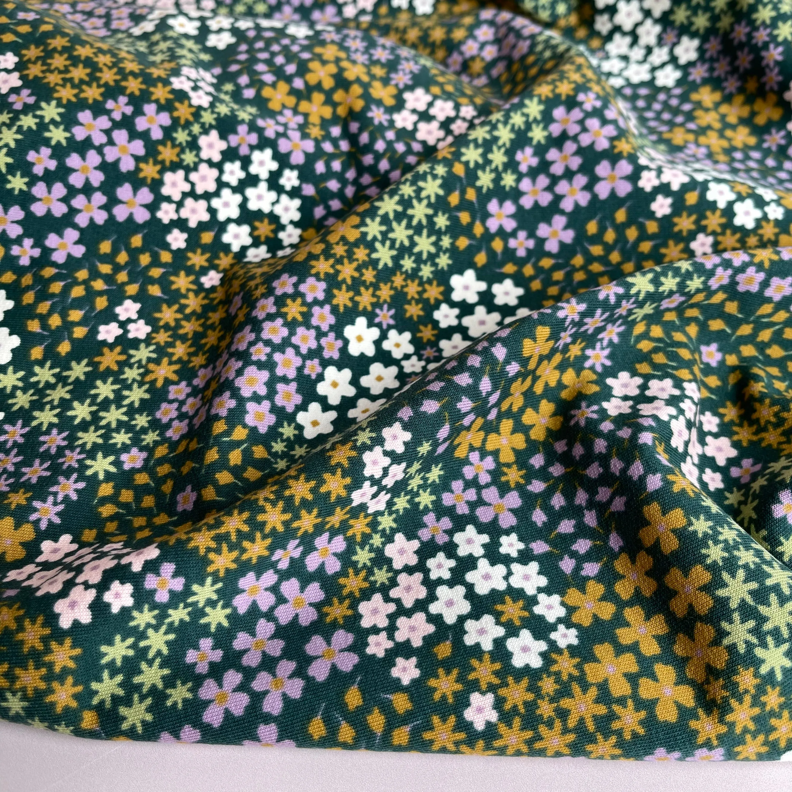 Ditsy Flowers Dark Green Cotton French Terry Fabric