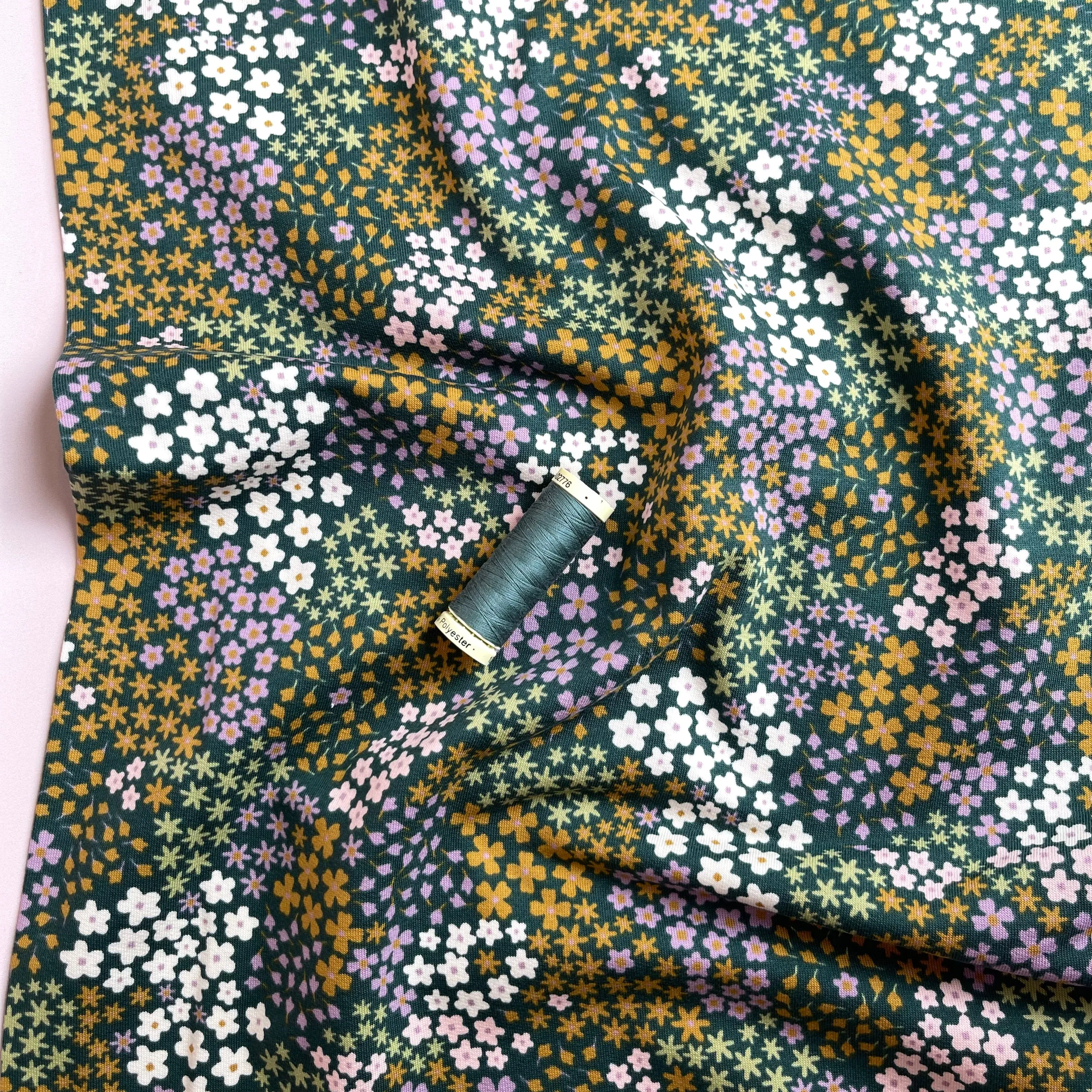 Ditsy Flowers Dark Green Cotton French Terry Fabric