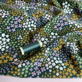 Ditsy Flowers Dark Green Cotton French Terry Fabric