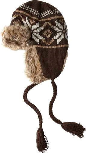 Faux Fur Knitted Winter Hat with Tassels - Brown Combo