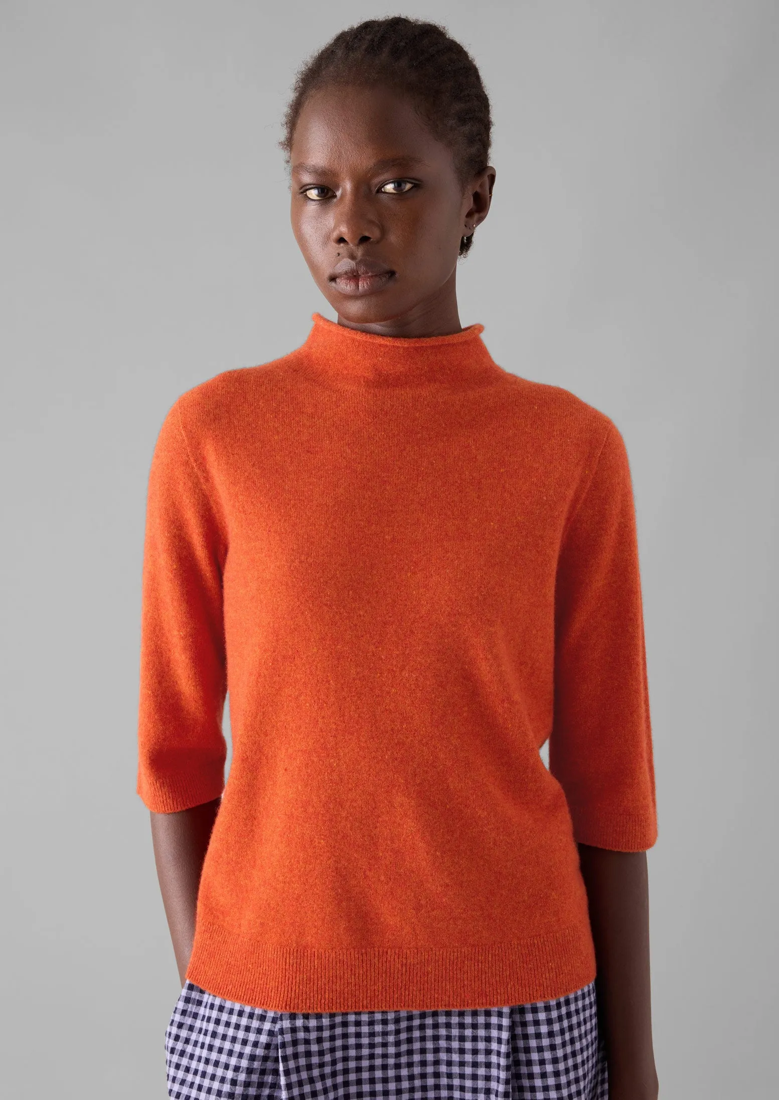 Fine Wool Cashmere Half Sleeve Sweater | Burnt Ember