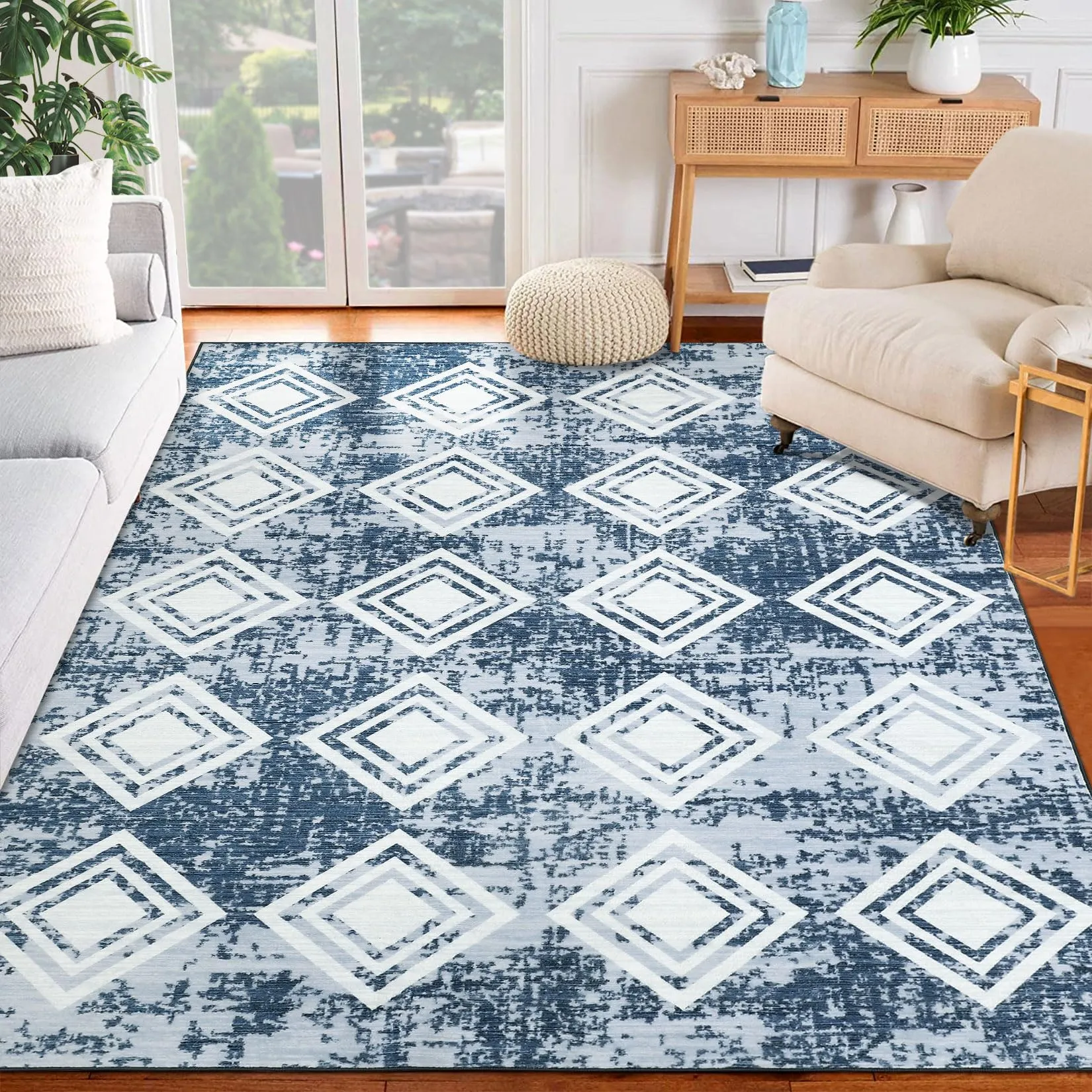 GARVEE 4x6 Area Rug for Bedroom Washable Rug for Living Room Kitchen Dining Room Rugs Non-Slip Home Decor Carpet Faux Wool Rug Large Morden Rug Ultra Soft Blue Geometric Area Rug