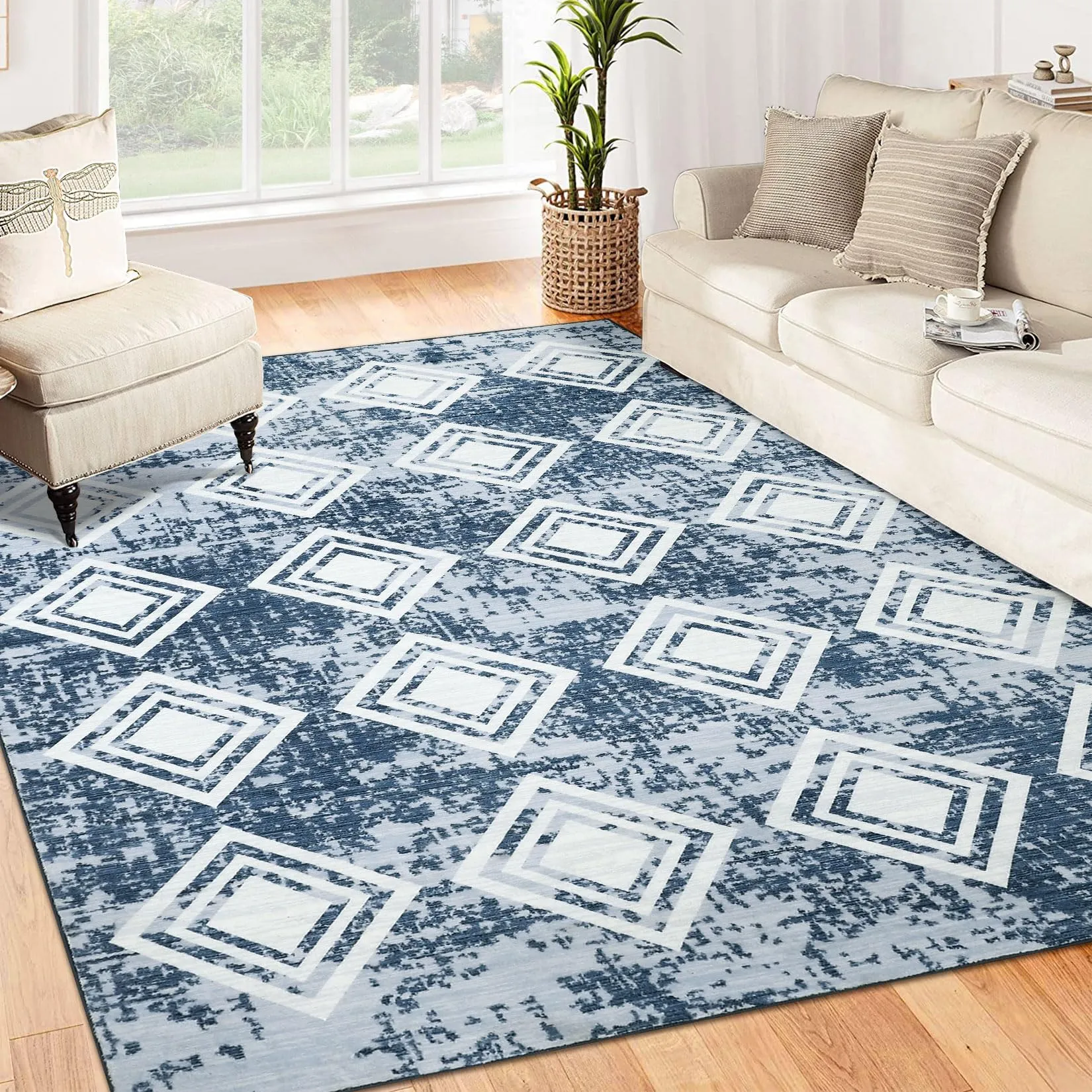 GARVEE 4x6 Area Rug for Bedroom Washable Rug for Living Room Kitchen Dining Room Rugs Non-Slip Home Decor Carpet Faux Wool Rug Large Morden Rug Ultra Soft Blue Geometric Area Rug