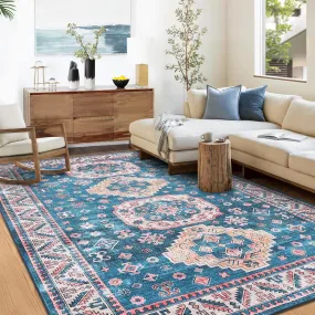 GARVEE 4x6 Rug for Living Room Floral Throw Rugs with Rubber Backing Washable Rugs Bedroom Rugs Soft Rug No Shedding Floor Mats Vintage Area Rugs for Entryway Office Rug Blue/Fuchsia 4'x6'