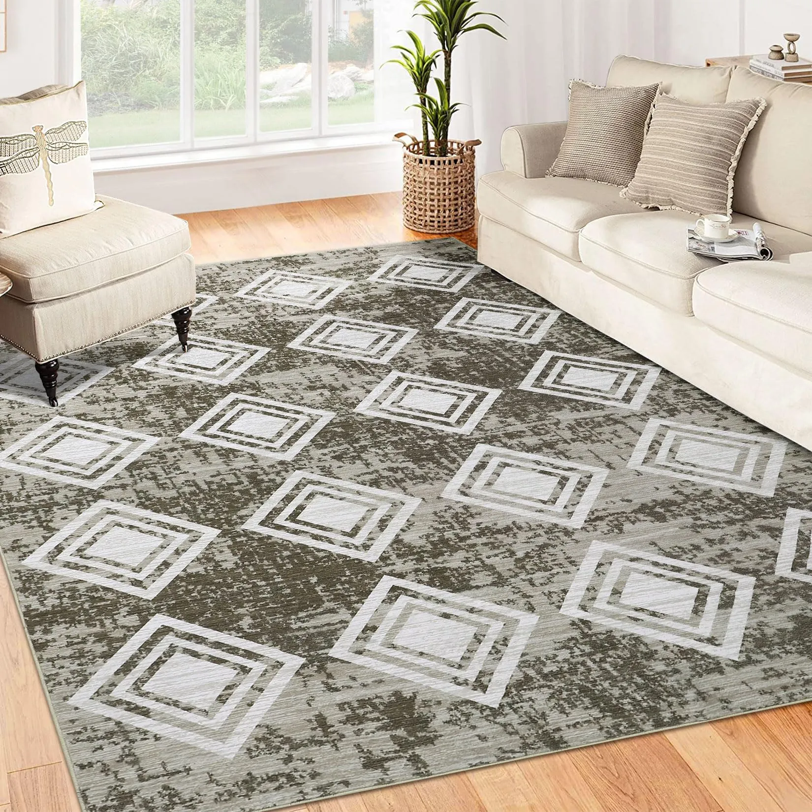 GARVEE 5x7 Area Rug Living Room Rugs Washable Rug with Anti-Slip Backing Non-Shedding Stain-Resistant Foldable Modern Abstract Carpet for Bedroom Dining Room Nursery Home Office