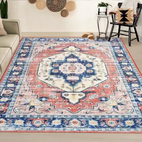 GARVEE 5x7 Rug Boho Rug Washable Rugs for Bedroom Non Slip Living Room Rug Office Rug Distressed Vintage Oriental Area Rugs Floral Rug Classroom Stain Resistant Throw Rugs 5'x7' Pink/Blue