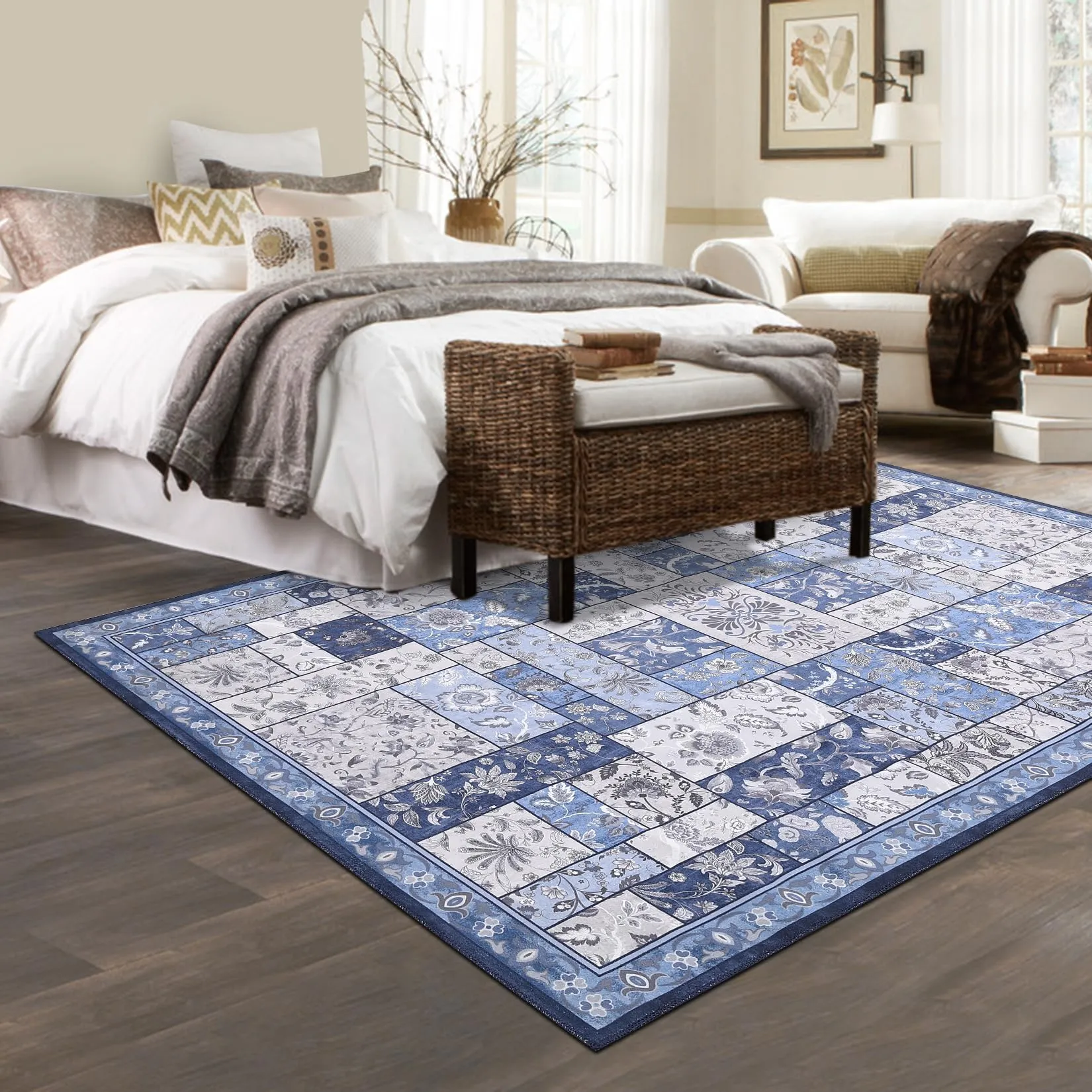 GARVEE 9x12 Area Rugs Machine Washable Rug Large Boho Living Room Rugs Bedroom Area Rug Soft Large Vintage Bohemian Rugs Distressed Area Rug Non Slip Low Pile Floor Carpet, Blue