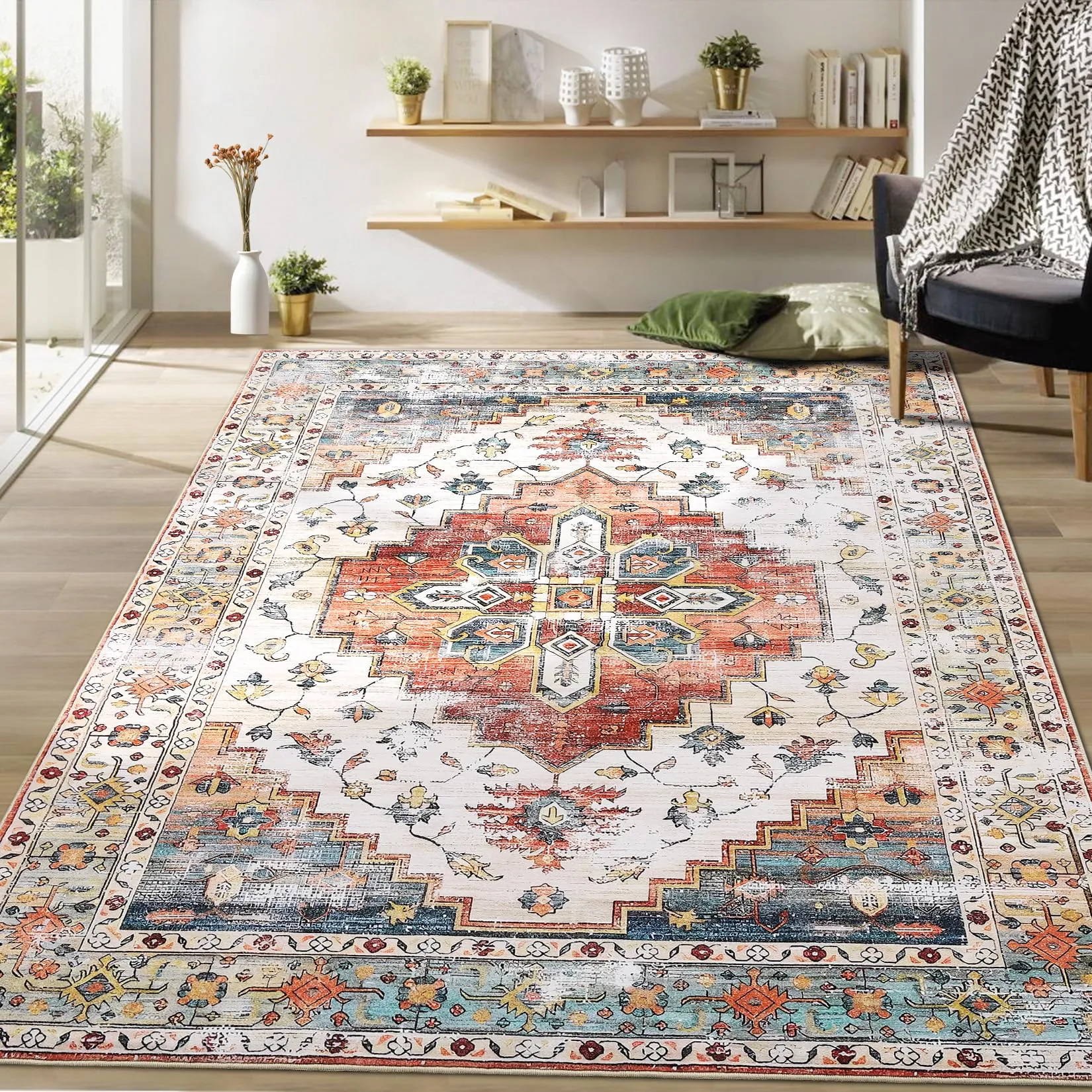 GARVEE 9x12 Washable Boho Area Rug - Soft Polyester, Distressed Vintage Design, Non-Slip, Low Pile, Ideal for Living Room & Bedroom