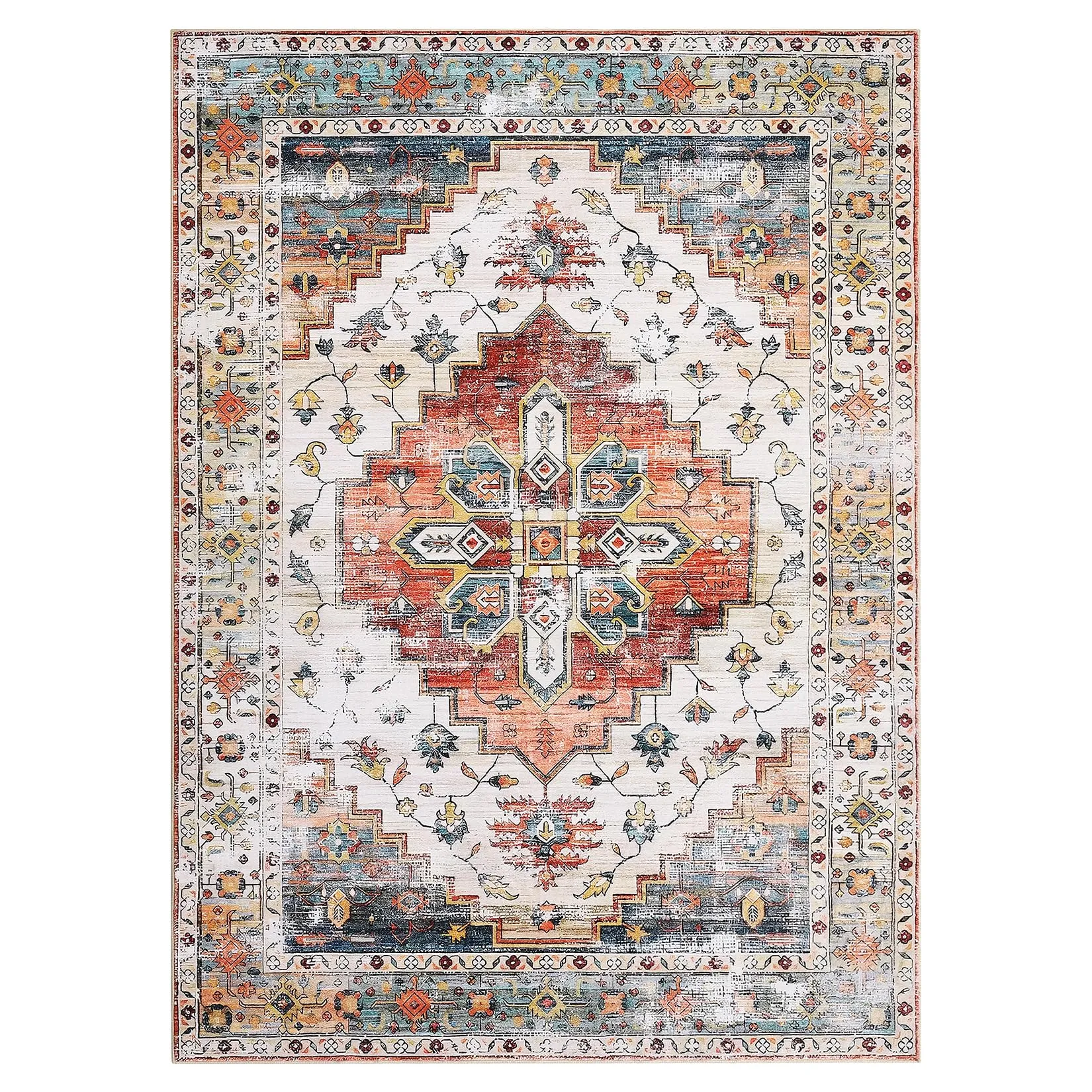 GARVEE 9x12 Washable Boho Area Rug - Soft Polyester, Distressed Vintage Design, Non-Slip, Low Pile, Ideal for Living Room & Bedroom