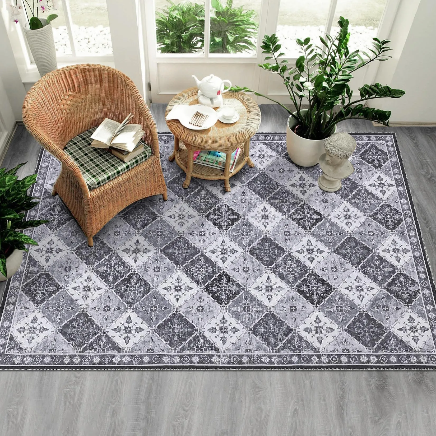 GARVEE Area Rug 6x9, Machine Washable Rugs Soft Living Room Rugs Moroccan Trellis Print Area Rug Non Slip Indoor Floor Carpet for Bedroom Nursery Kitchen, Grey