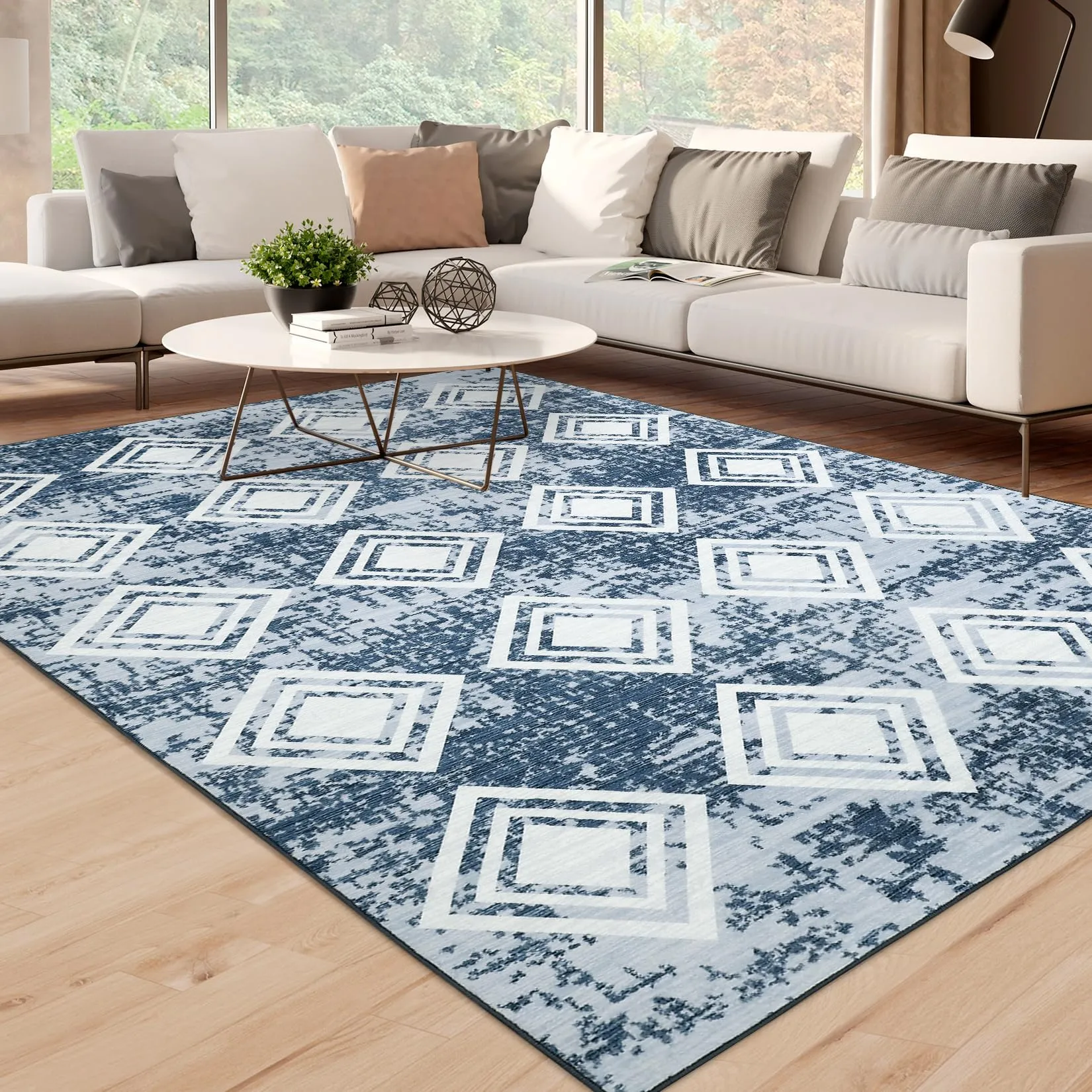 GARVEE Area Rug 8x10 Large Moroccan Soft Rug Modern Geometric Rug Washable Bedroom Rugs Dining Room Home Office Nursery Low Pile Decor Under Kitchen Table,Blue 8x10