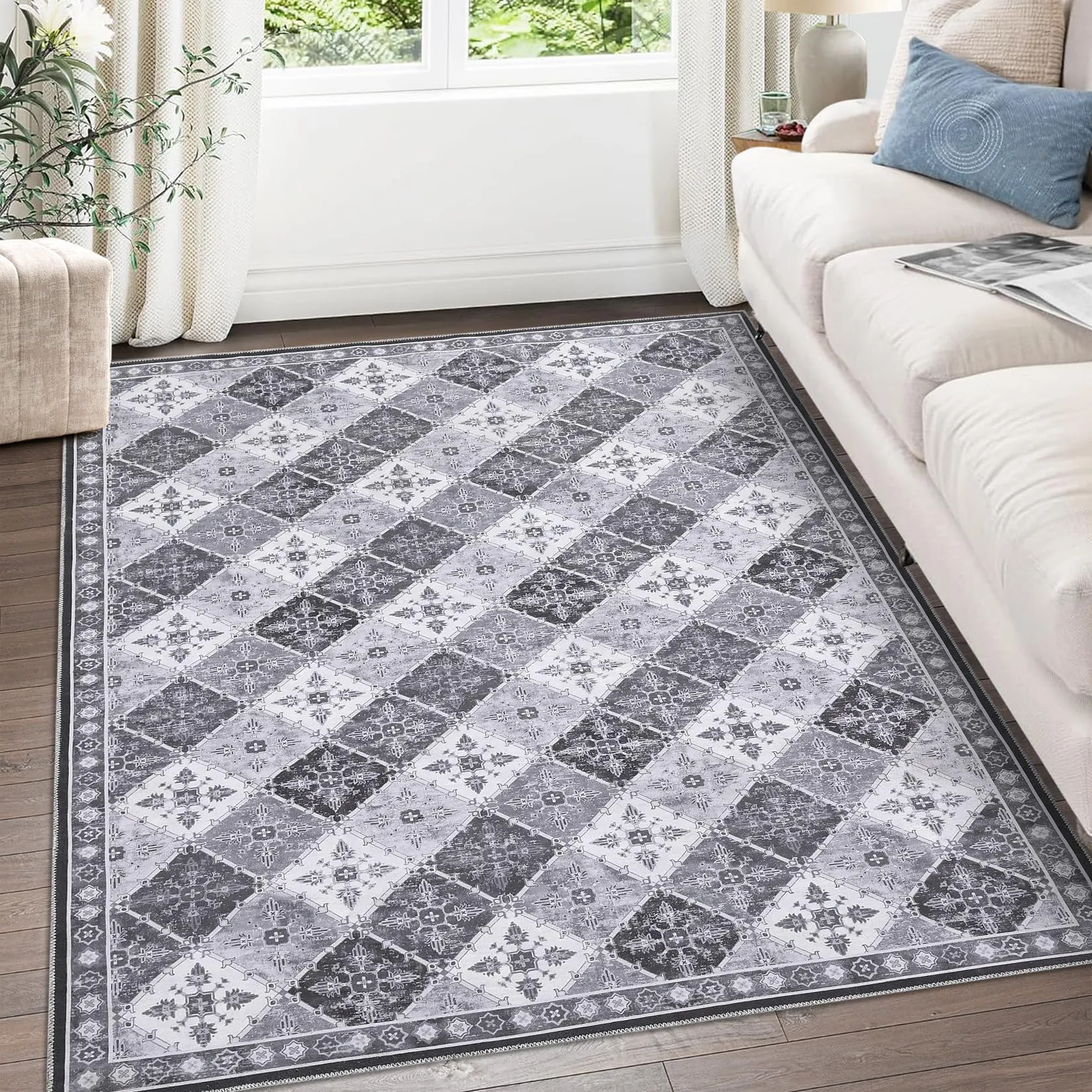 GARVEE Area Rug 8x10, Machine Washable Rugs Soft Living Room Rugs Moroccan Trellis Print Area Rug Non Slip Indoor Floor Carpet for Bedroom Nursery Kitchen, Grey