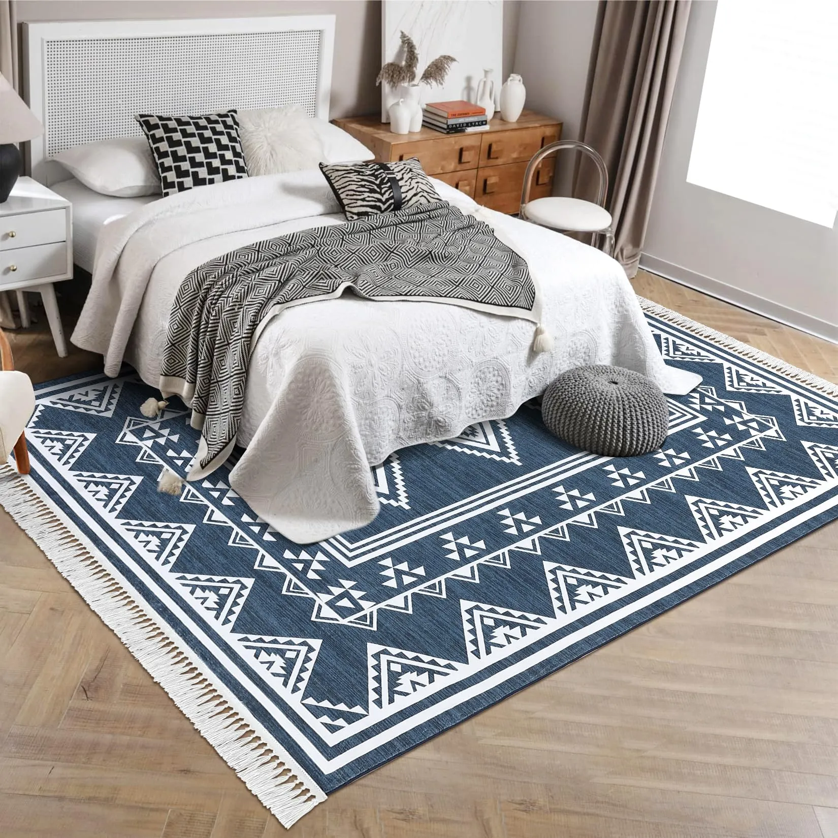 GARVEE Bedroom Rug 4x6 Washable Tassel Boho Area Rug Indoor Non-Slip Stain Resistant Floor Cover Farmhouse Accent Rug Moroccan Bordered Tribal Carpet Rug for Living Room Kitchen Nursery, Blue