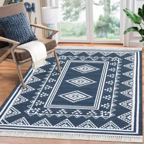 GARVEE Bedroom Rug 4x6 Washable Tassel Boho Area Rug Indoor Non-Slip Stain Resistant Floor Cover Farmhouse Accent Rug Moroccan Bordered Tribal Carpet Rug for Living Room Kitchen Nursery, Blue