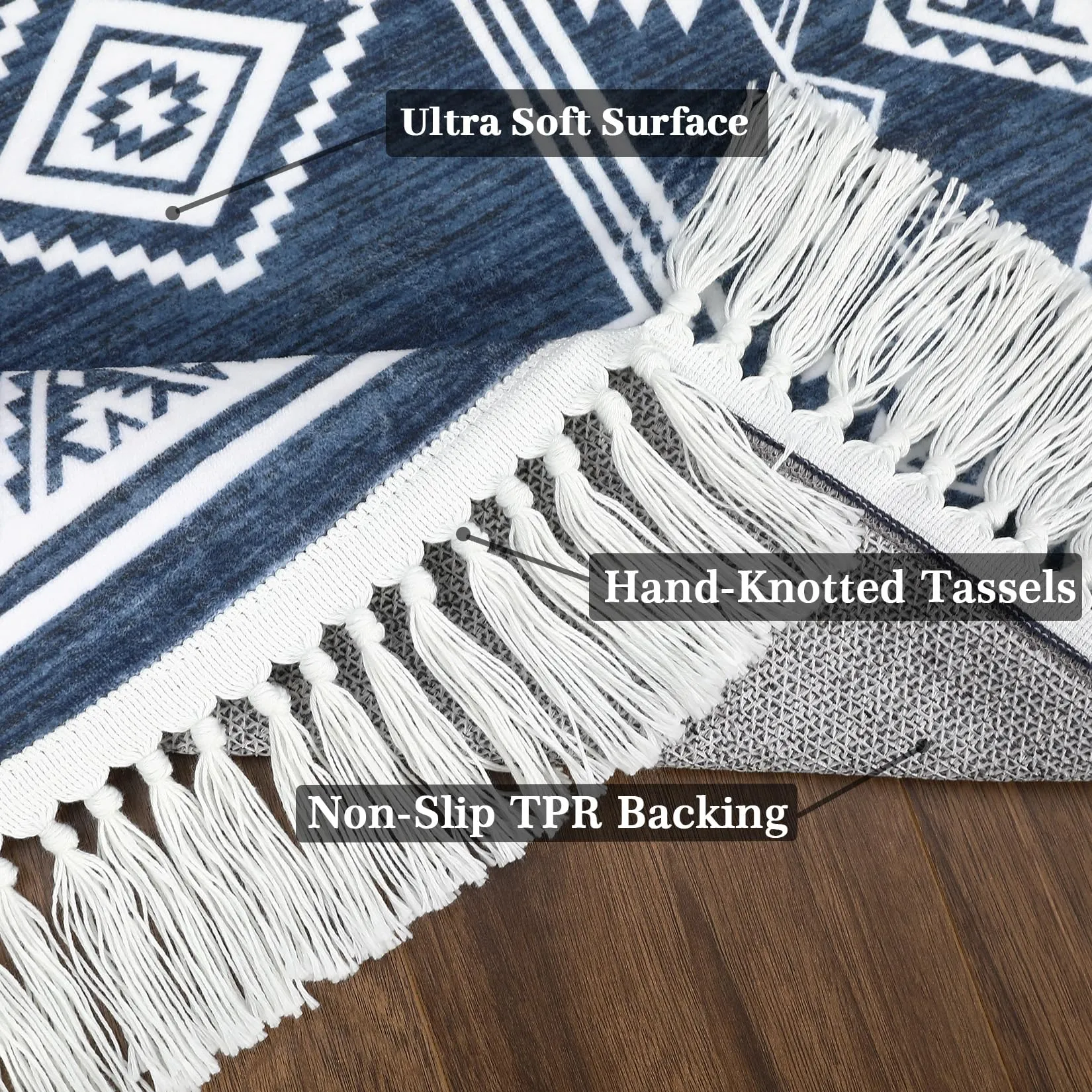 GARVEE Bedroom Rug 4x6 Washable Tassel Boho Area Rug Indoor Non-Slip Stain Resistant Floor Cover Farmhouse Accent Rug Moroccan Bordered Tribal Carpet Rug for Living Room Kitchen Nursery, Blue