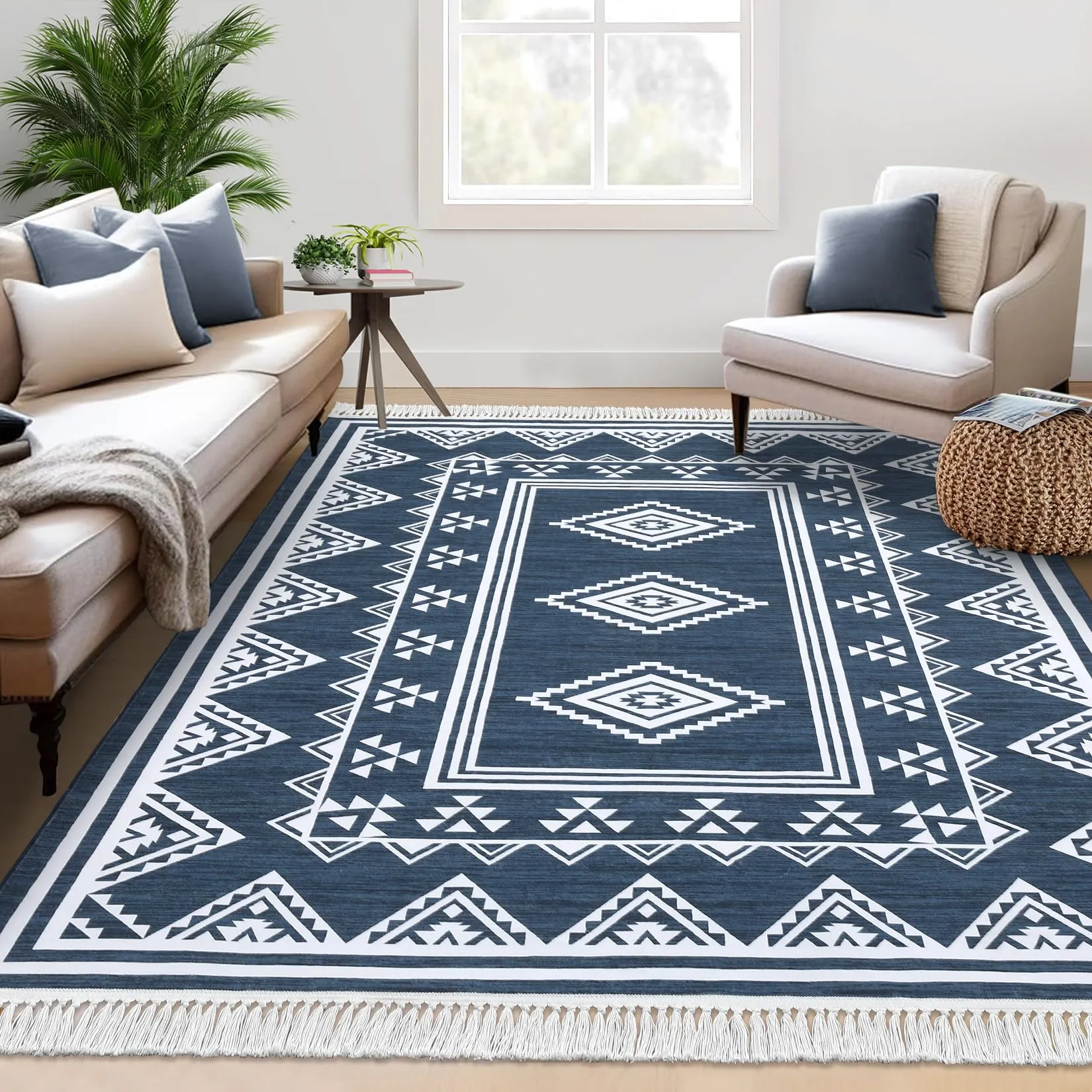 GARVEE Bedroom Rug 4x6 Washable Tassel Boho Area Rug Indoor Non-Slip Stain Resistant Floor Cover Farmhouse Accent Rug Moroccan Bordered Tribal Carpet Rug for Living Room Kitchen Nursery, Blue