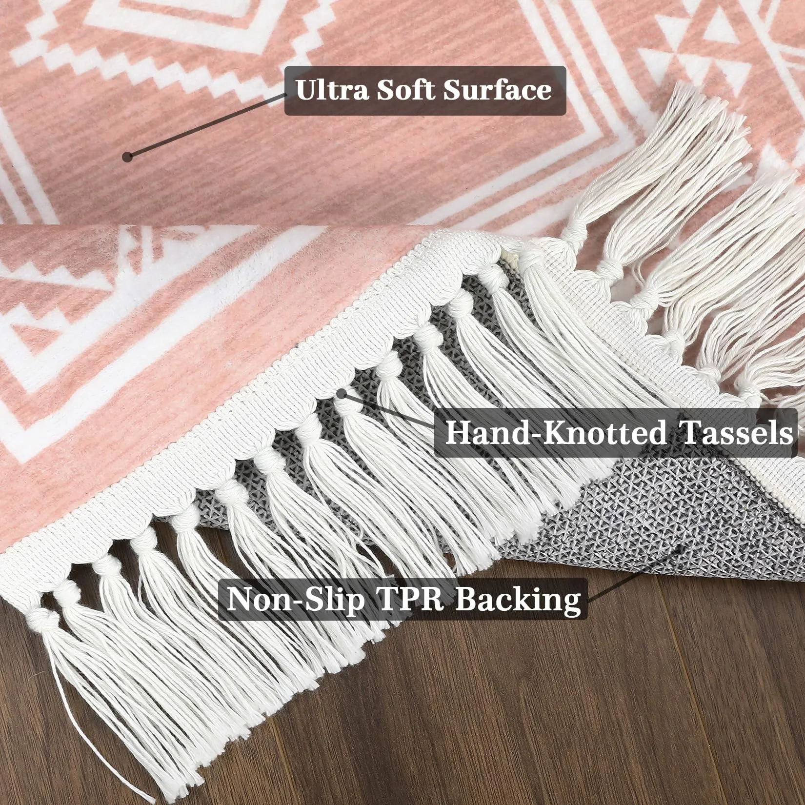 GARVEE Bedroom Rug 4x6 Washable Tassel Boho Area Rug Indoor Non-Slip Stain Resistant Floor Cover Farmhouse Accent Rug Moroccan Bordered Tribal Carpet Rug for Living Room Kitchen Nursery, Pink