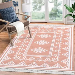 GARVEE Bedroom Rug 4x6 Washable Tassel Boho Area Rug Indoor Non-Slip Stain Resistant Floor Cover Farmhouse Accent Rug Moroccan Bordered Tribal Carpet Rug for Living Room Kitchen Nursery, Pink