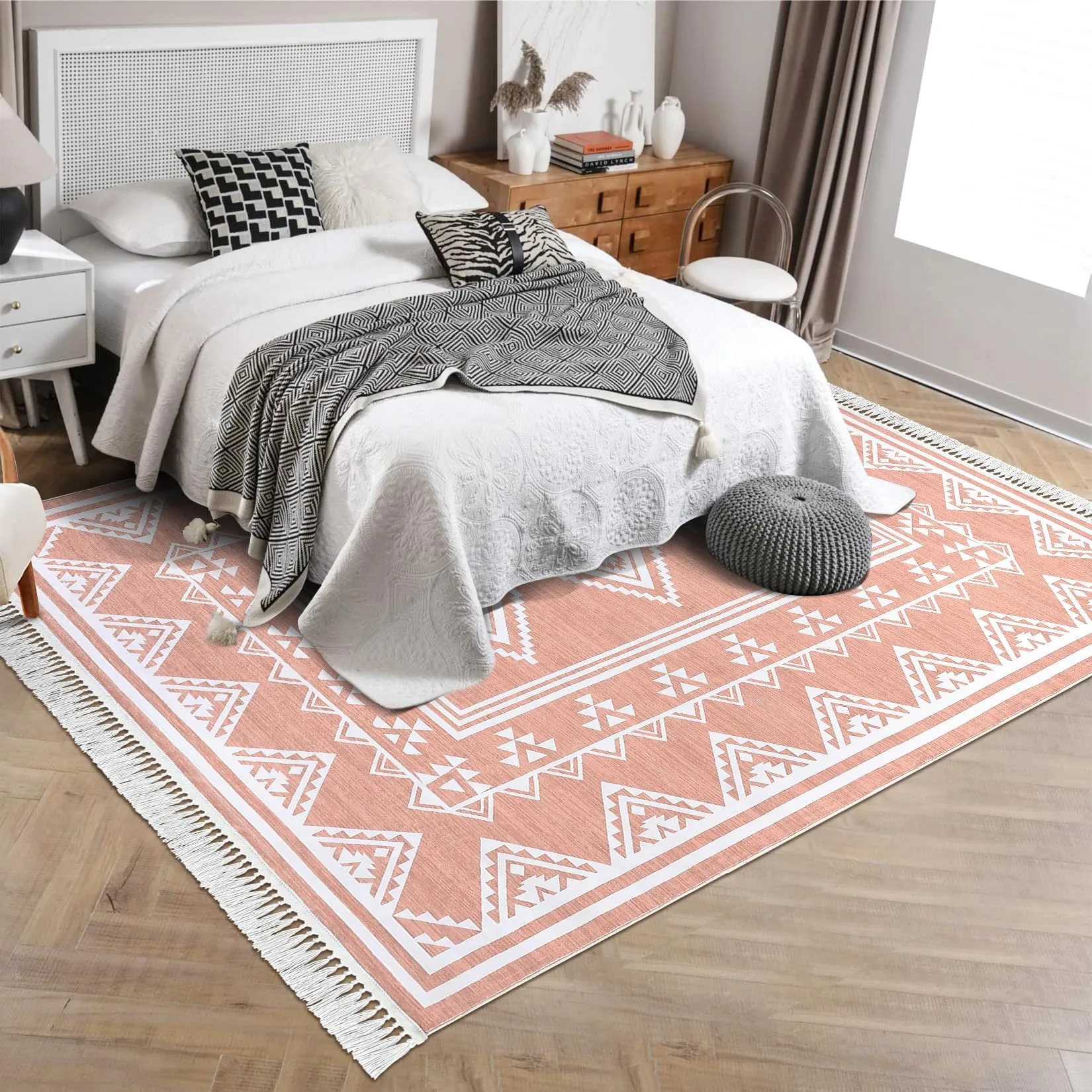 GARVEE Bedroom Rug 4x6 Washable Tassel Boho Area Rug Indoor Non-Slip Stain Resistant Floor Cover Farmhouse Accent Rug Moroccan Bordered Tribal Carpet Rug for Living Room Kitchen Nursery, Pink